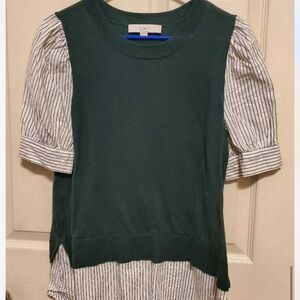 LOFT Dark Green and Striped White Blouse